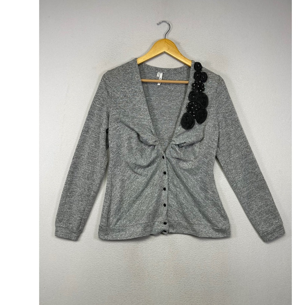Coquette Studio Y Womens XL Gray Floral Applique Beaded Ruched Cardigan Sweater